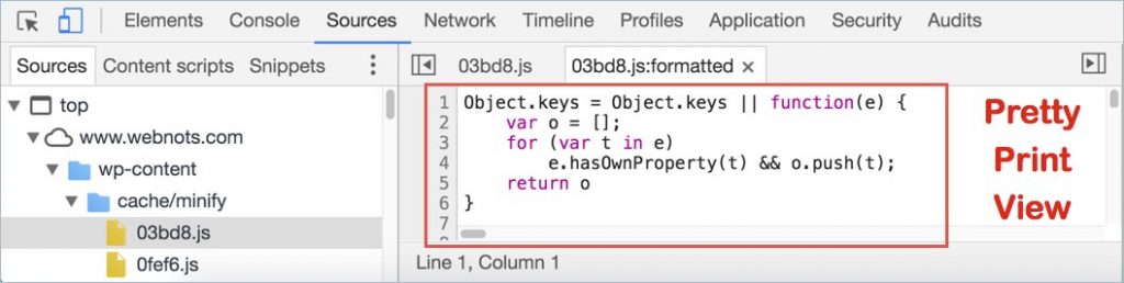 How to view Web page Source Code HTML, CSS, JavaScript in Google Chrome Pretty Print View of Minified CSS and JavaScript Files