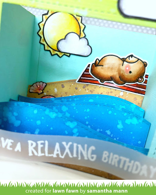 Have a Relaxing Birthday Card by Samantha Mann for Lawn Fawn, Shadowbox, handmade cards, card, beach, birthday card, distress ink, #lawnfawn #birthday #birthdaycard, #beach #cards #interactive