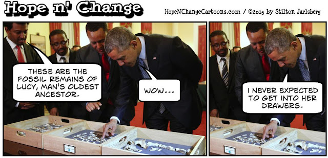 obama, obama jokes, political, humor, cartoon, conservative, hope n' change, hope and change, stilton jarlsberg, obama, ethiopia, lucy, fossils, africa