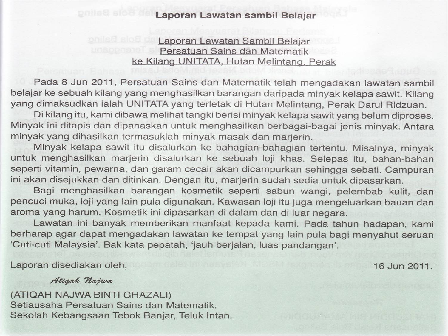 Contoh Karangan Surat Laporan Upsr