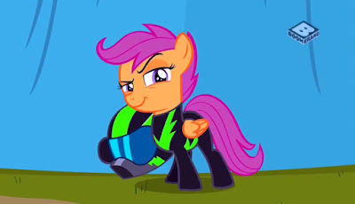 Scootaloo wearing a Washouts flight suit, carrying a helmet under her arm and looking self-satisfied