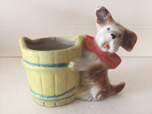 vintage porcelain terrier bucket toothpick holder
