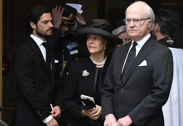 King Carl Gustaf, Queen Silvia, Prince Carl Philip, Princess Sofia, Crown Princess Victoria, Princess Madeleine at funeral service for Carl Adam Lewenhaupt