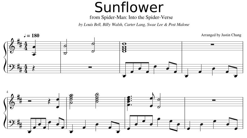 Piano Sheet Music Post Malone Swae Lee Sunflower Piano Sheet Music Pdf