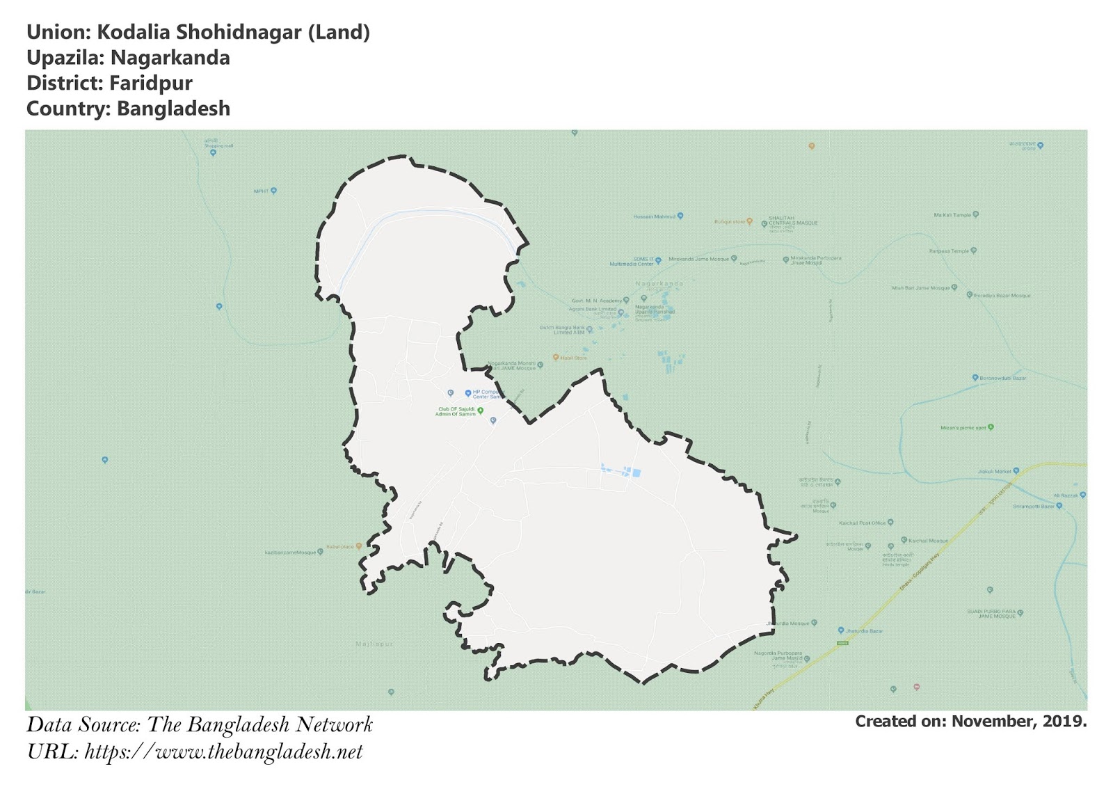Map of Kodalia Shohidnagar of Nagarkanda Upazila Map of Kodalia Shohidnagar of Faridpur, Bangladesh.