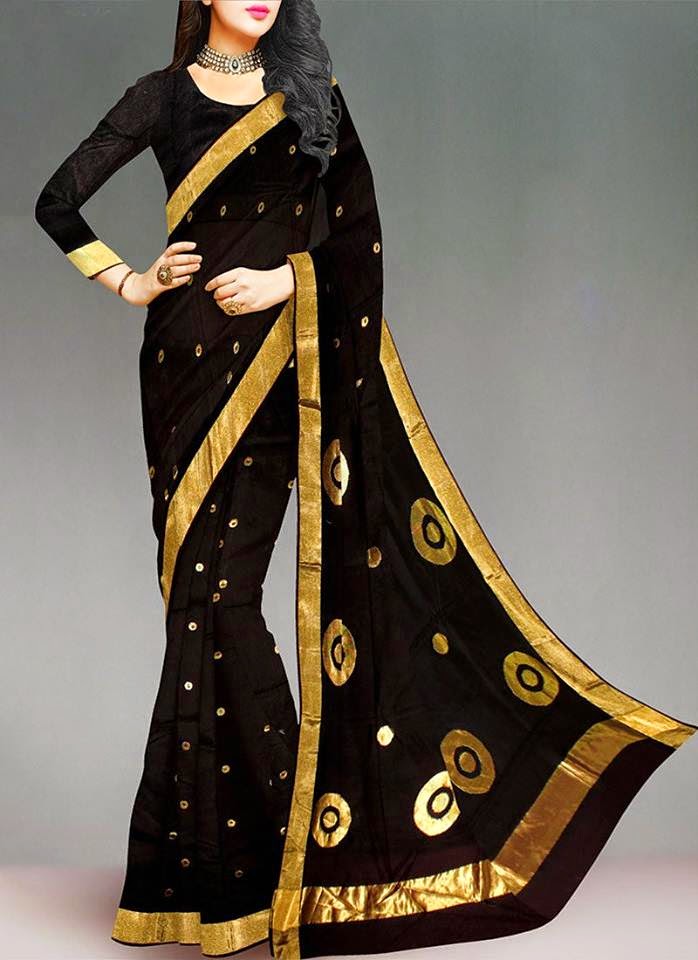 TELUGU WEB WORLD DARK BLACK SAREE WITH GOLDEN COLOR BORDER WITH FULL HAND BLOUSE DESIGN