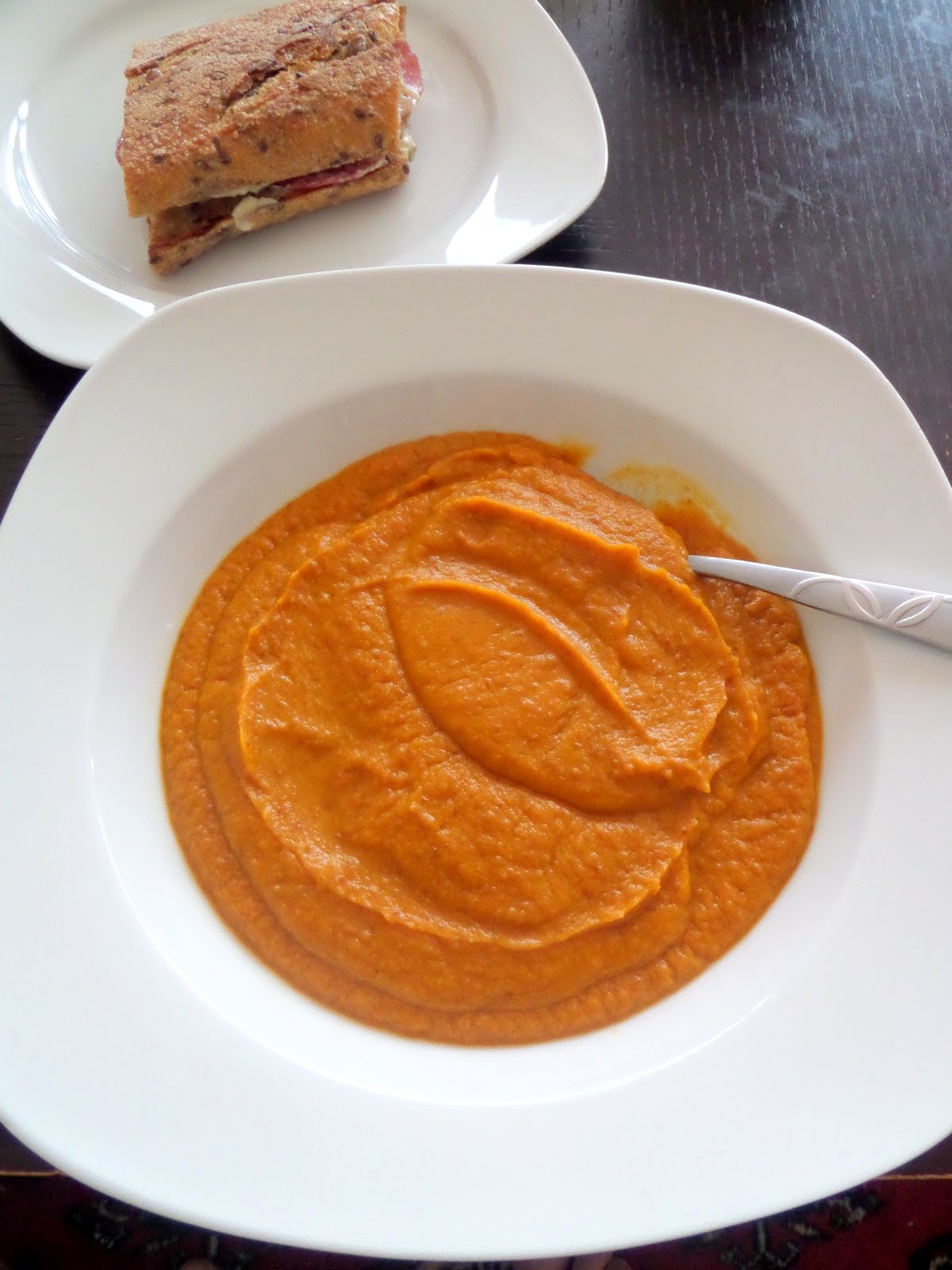 Pureed Carrot Soup:  A creamy, vegan, soup made with pureed carrots, onions, and beans in a vegetable broth with a hint of dill.  It's filling enough for a meal but also great with a small sandwich.
