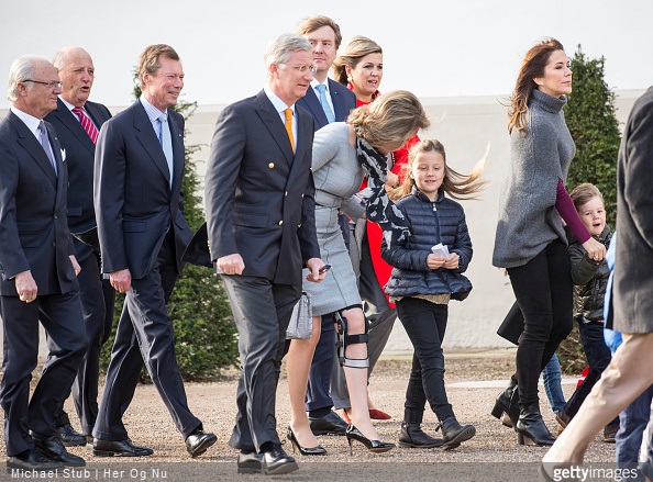 King Carl Gustaf of Sweden, King Harald of Norway, Henri Grand Duke of Luxembourg, King Phillipe of Belgium, Queen Mathilde of Belgium, Princess Isabella of Denmark, Crown Princess Mary of Denmark, her son Vincent and other guests during the morning greetings for the 75th birthday of the Danish Queen at Fredensborg Palace