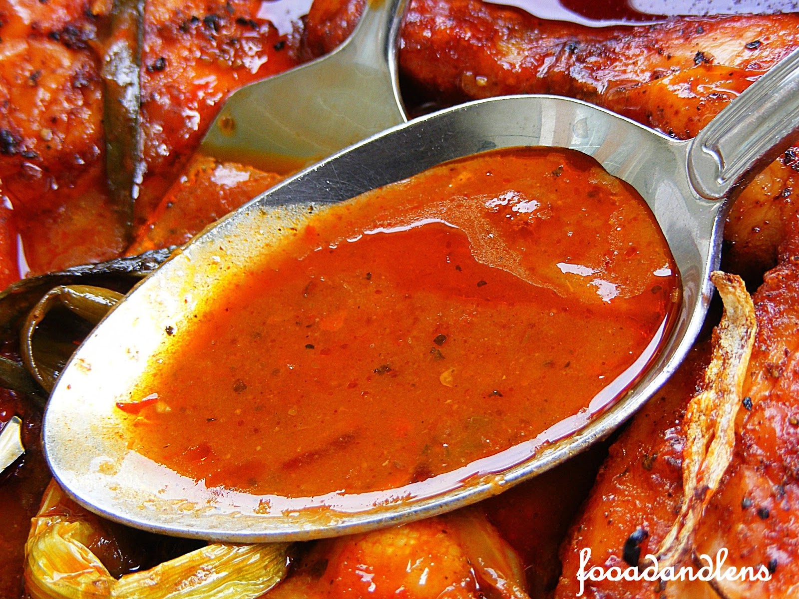 Food and lens Guajillo chili chicken.