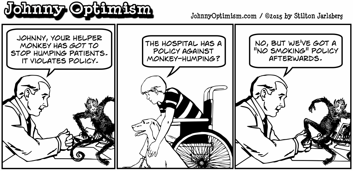 johnny optimism, medical, humor, sick, jokes, boy, wheelchair, doctors, hospital, stilton jarlsberg, no smoking, helper monkey, policy