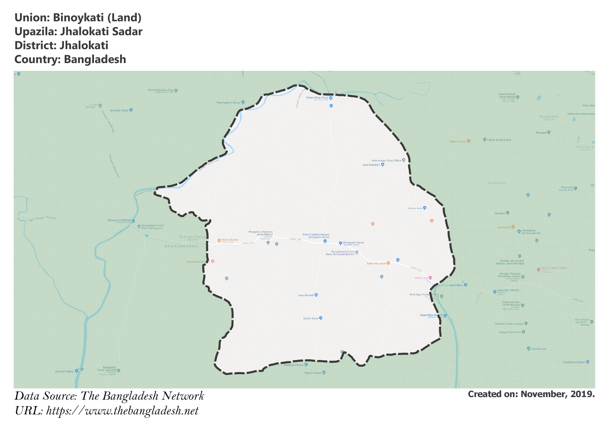 Map of Binoykati of Jhalokathi, Bangladesh.
