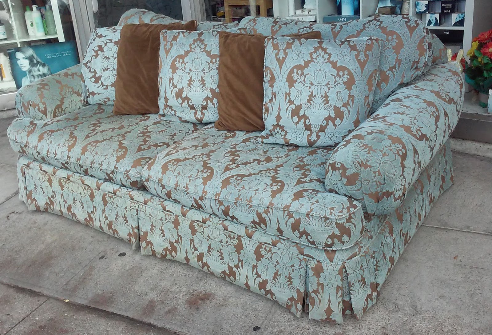 UHURU FURNITURE & COLLECTIBLES SOLD **REDUCED** Blue Brocade Sofa 40