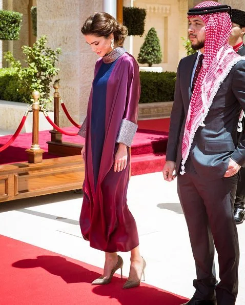 Queen Rania wore Layeur (The Modist) Silk Seraphima Dress. King Abdullah, Queen Rania, Crown Prince Hussein and Princess Salma at Independence Day