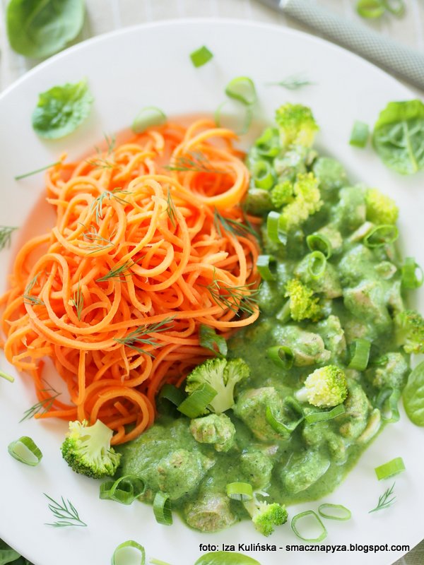 Kurczak w zielonym sosie z marchewkowym spaghetti Smaczna Pyza