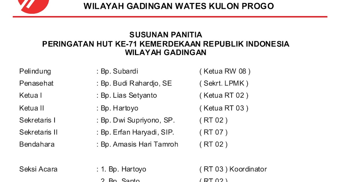 Kumpulan Contoh Struktur Panitia Lomba 17 Agustus Hari Kemerdekaan