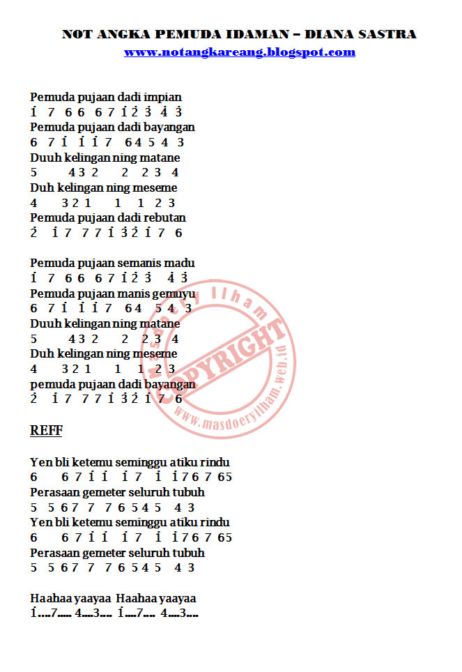 Not Angka Pemuda Idaman Diana Sastra Kumpulan Not Lagu