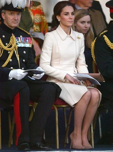 Kate Middleton, Catherine Walker coat, Gianvito Rossi pumps, Cassandra Goad cavolfiore pearl earrings, Mulberry clutch