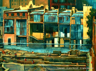 Plein air oil painting of archaeologists excavating near the Erskine street terraces at the KENS site near Barangaroo painted by industrial heritage artist Jane Bennett Plein air oil painting of archaeologists excavating near the Erskine street terraces at the KENS site near Barangaroo painted by industrial heritage artist Jane Bennett