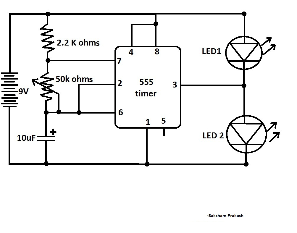 The alternating LED flasher circuit with a 555 IC