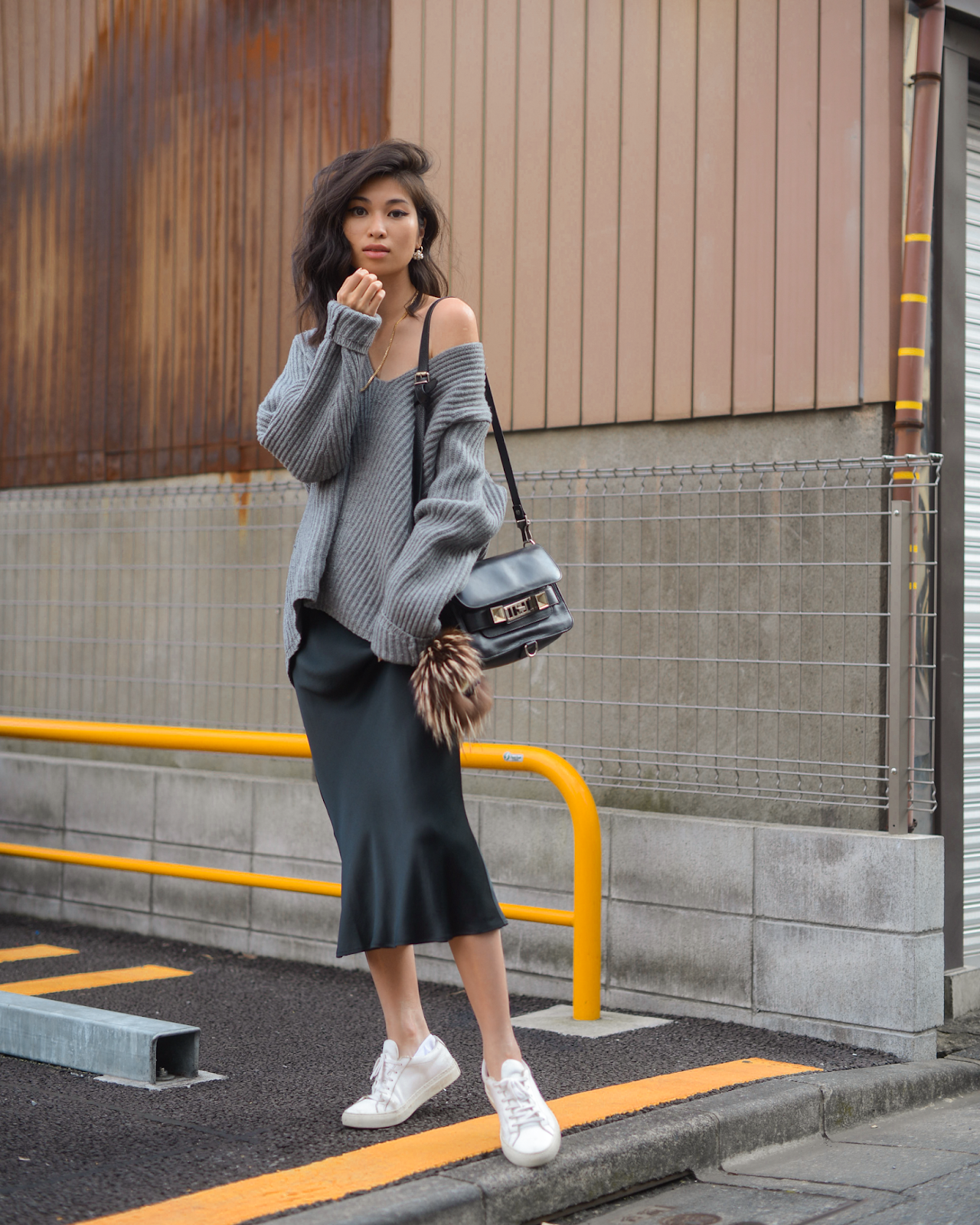 Oversized knit and satin skirt, slip skirt outfit ideas, oversized sweater and silk skirt, fall outfit ideas, Tokyo fall outfit ideas - FOREVERVANNY