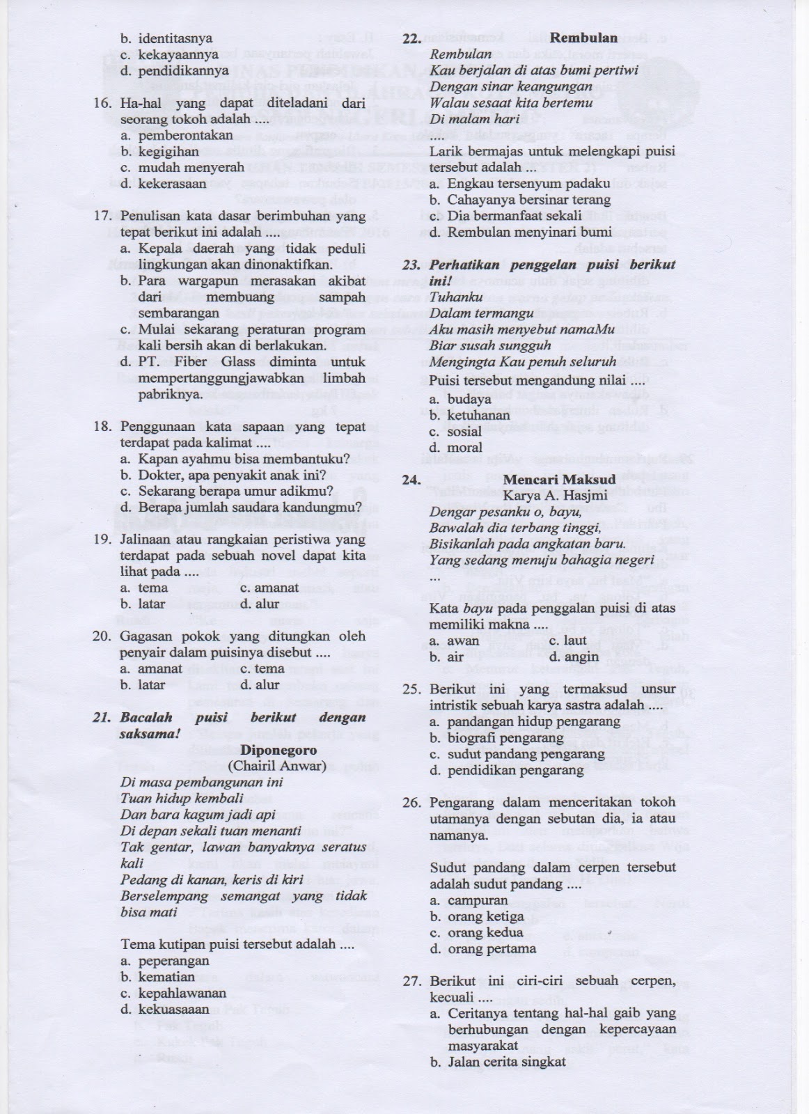 Soal Kelas 7-8-9 MID Semester 2 Bahasa Indonesia TP 2015/2016