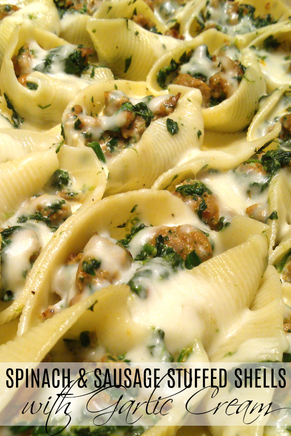 South Your Mouth Sausage and Spinach Stuffed Shells with Garlic Cream