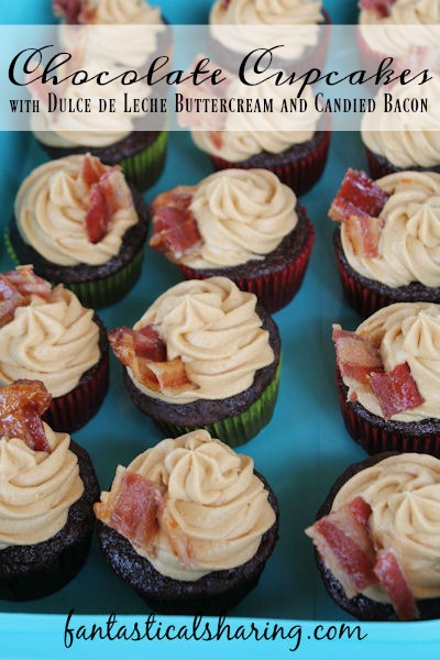 Chocolate Cupcakes with Dulce de Leche Buttercream and Candied Bacon // Moist chocolate cupcakes with light and airy caramel frosting and a candied bacon garnish #recipe #chocolate #bacon #dulcedeleche #cupcakes #Choctoberfest