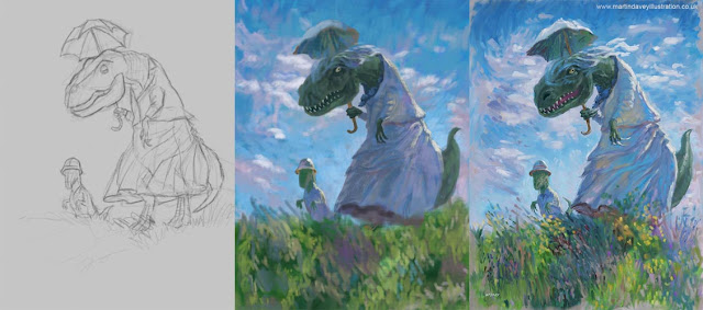 T rex with child Monet the stroll painting Martin Davey