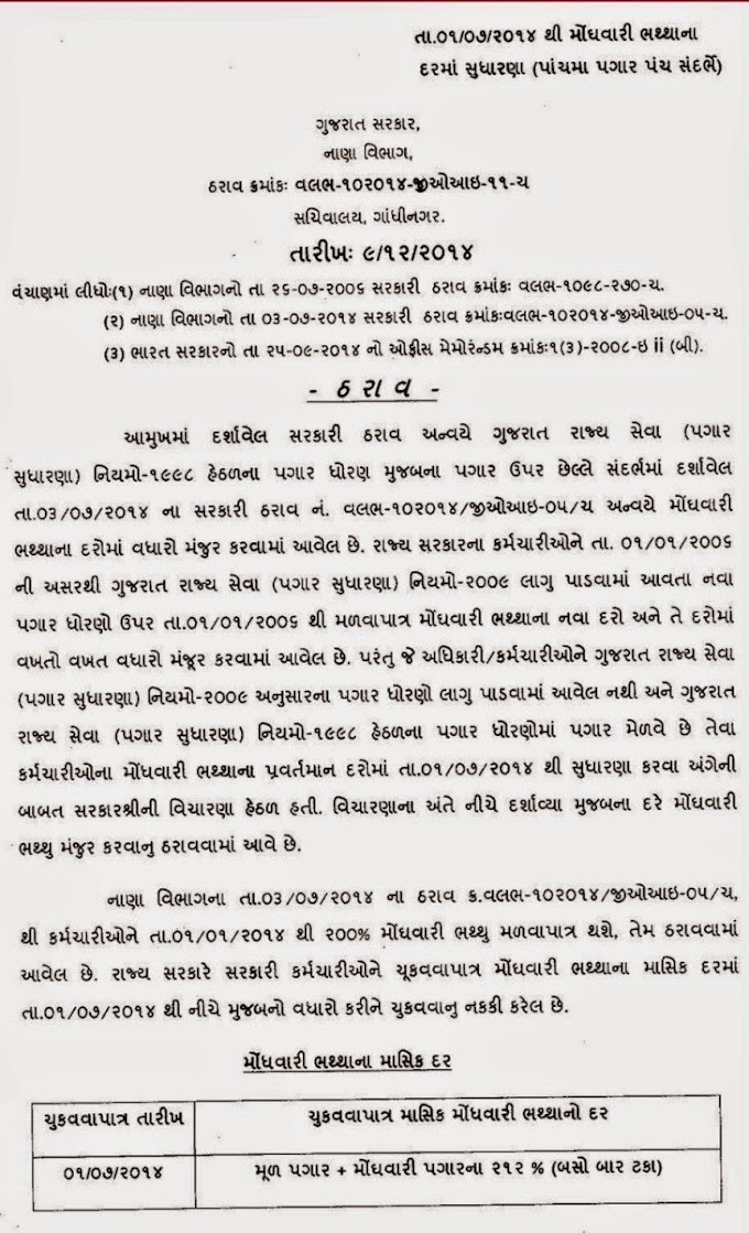 1/7/2૦14 થી મોઘવારી ભથ્થા ના દર માં સુધરો 