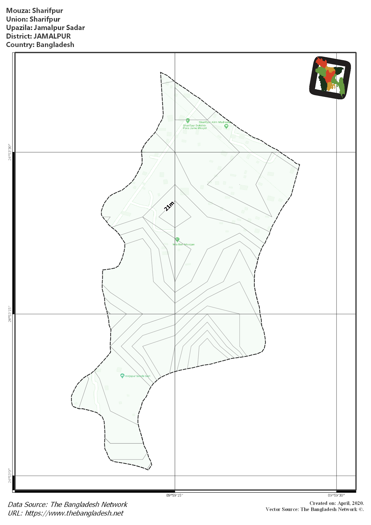 Map of Sharifpur Mouza of Jamalpur Sadar Upazila, JAMALPUR, Bangladesh.