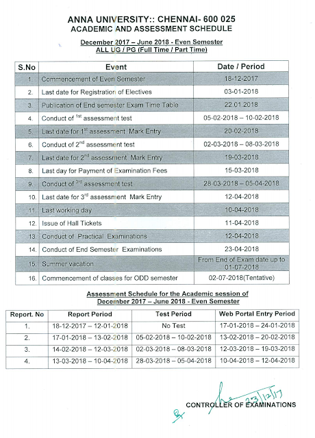 Anna University Academic Schedule June 2018 - Full Details