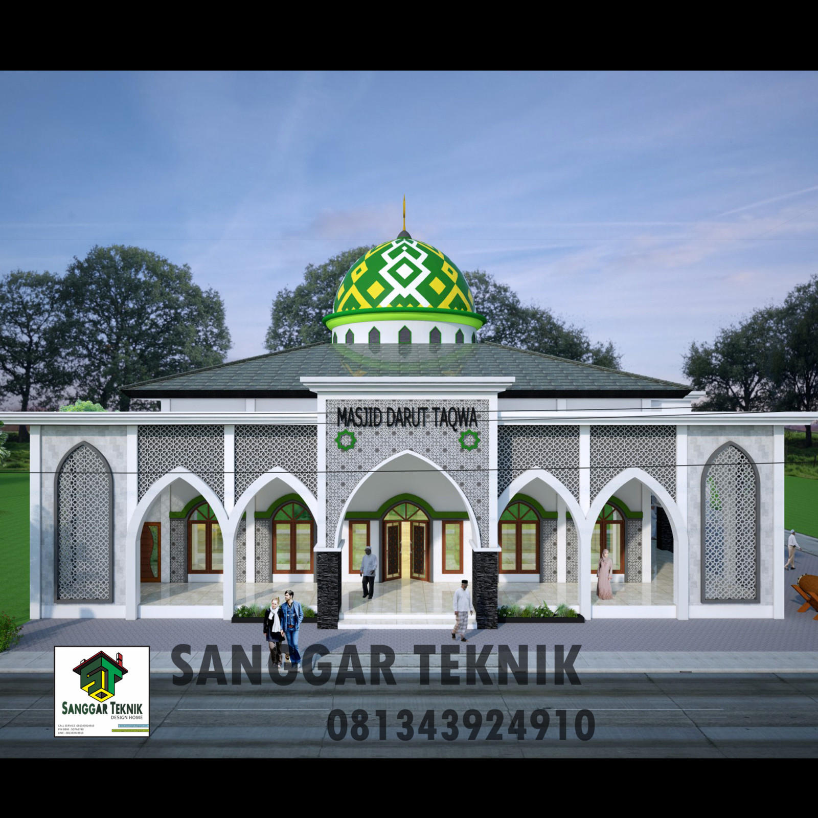 GAMBAR DESAIN MASJID SEMI MINIMALIS MODERN 2D+3D (DWG FILE) | SANGGAR