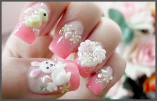 Cute Pink Nail Art accented with White Rabbit