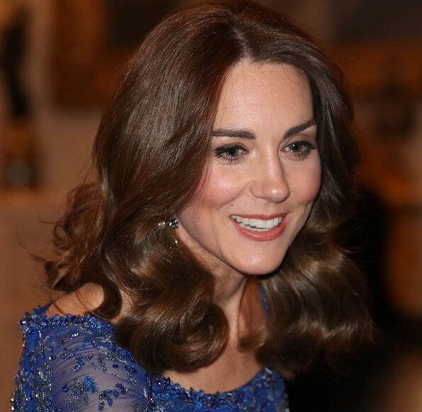 Kate Middleton re-wore a royal blue embellished Jenny Packham gown that she last wore at Bollywood Gala in Mumbai in 2016