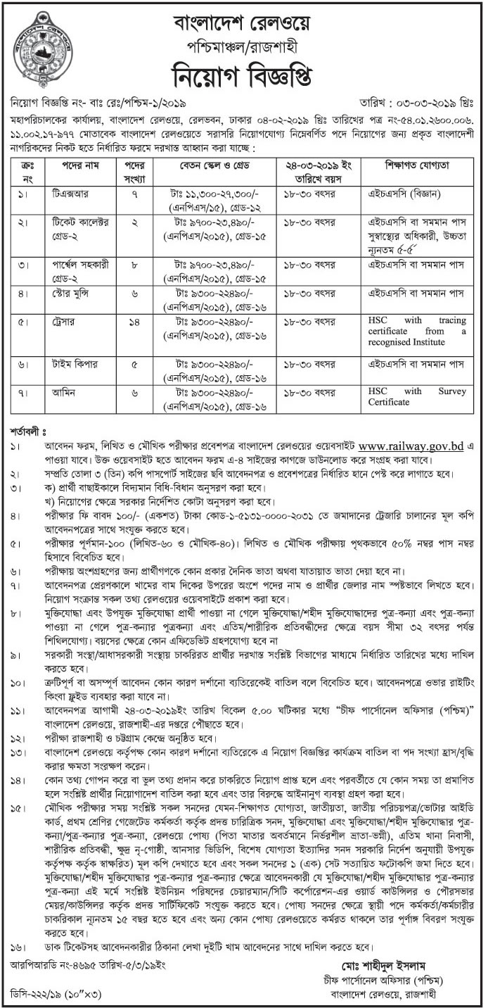 Bangladesh Railway, Rajshahi Job Circular 2019