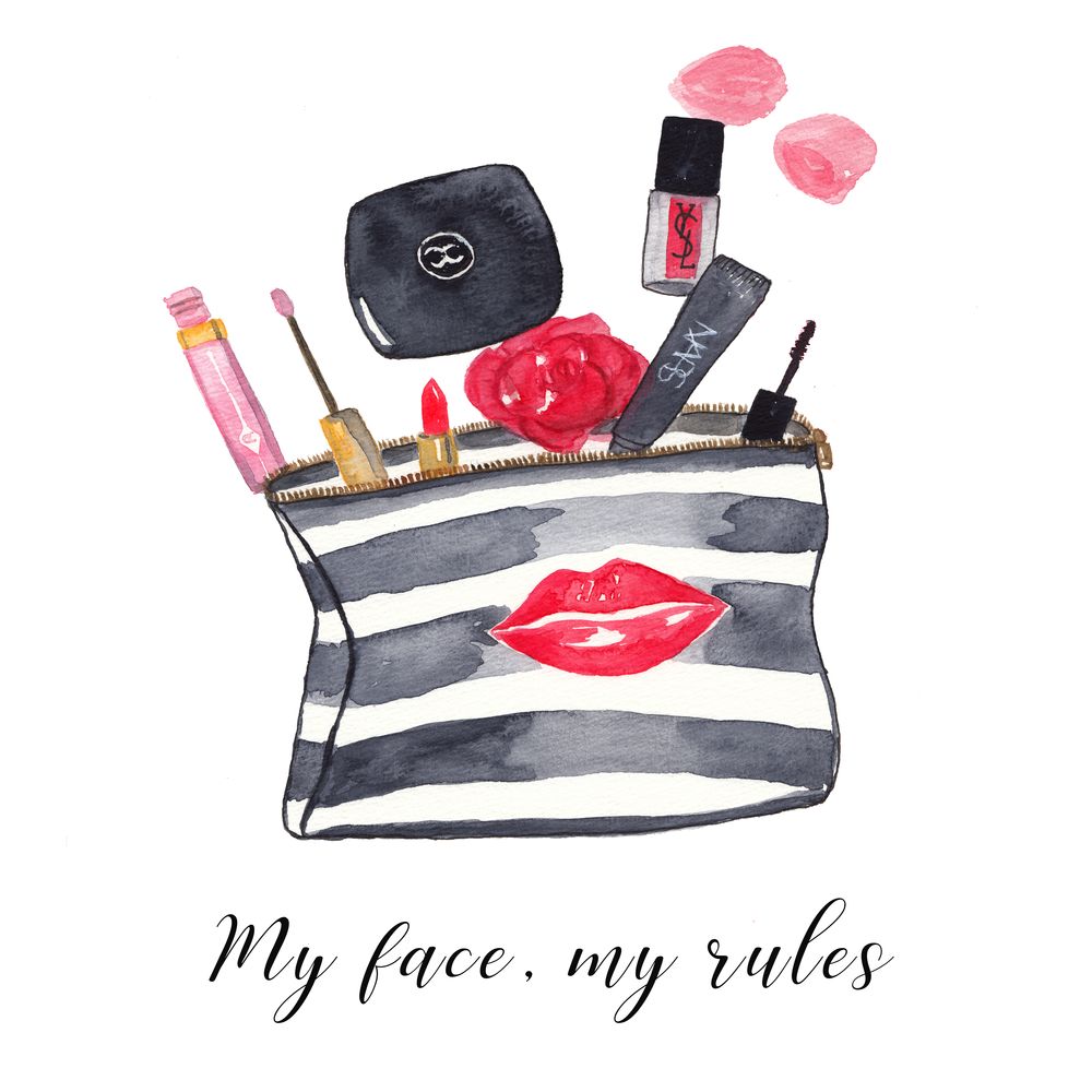 makeup and cosmetic bag with Chanel, YSL and Nars products watercolor fashion illustration by Stella Visual