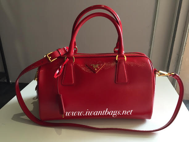 Prada BL0797 Saffiano Lux Patent Bowler Bag-Red  