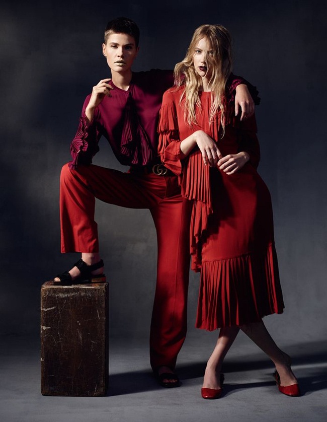 How to Spend It October 2015, Kris、Emma Surmon Gucci 2015 AW Red Layered Silk Satin Georgette Plisse Ruffle Dress Editorials