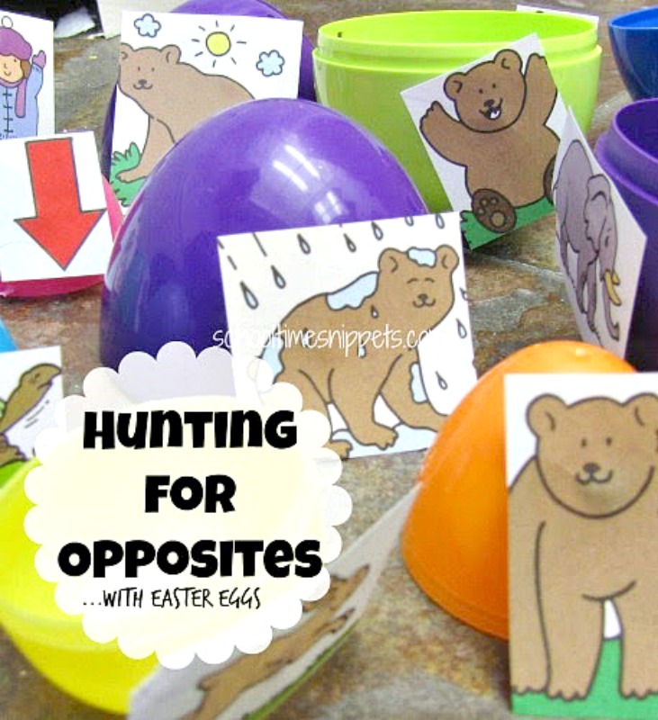 Opposite Pairs game that uses plastic easter eggs and a bear printable