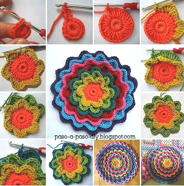 Cómo tejer flores crochet unidas por el centro circular agregando capas