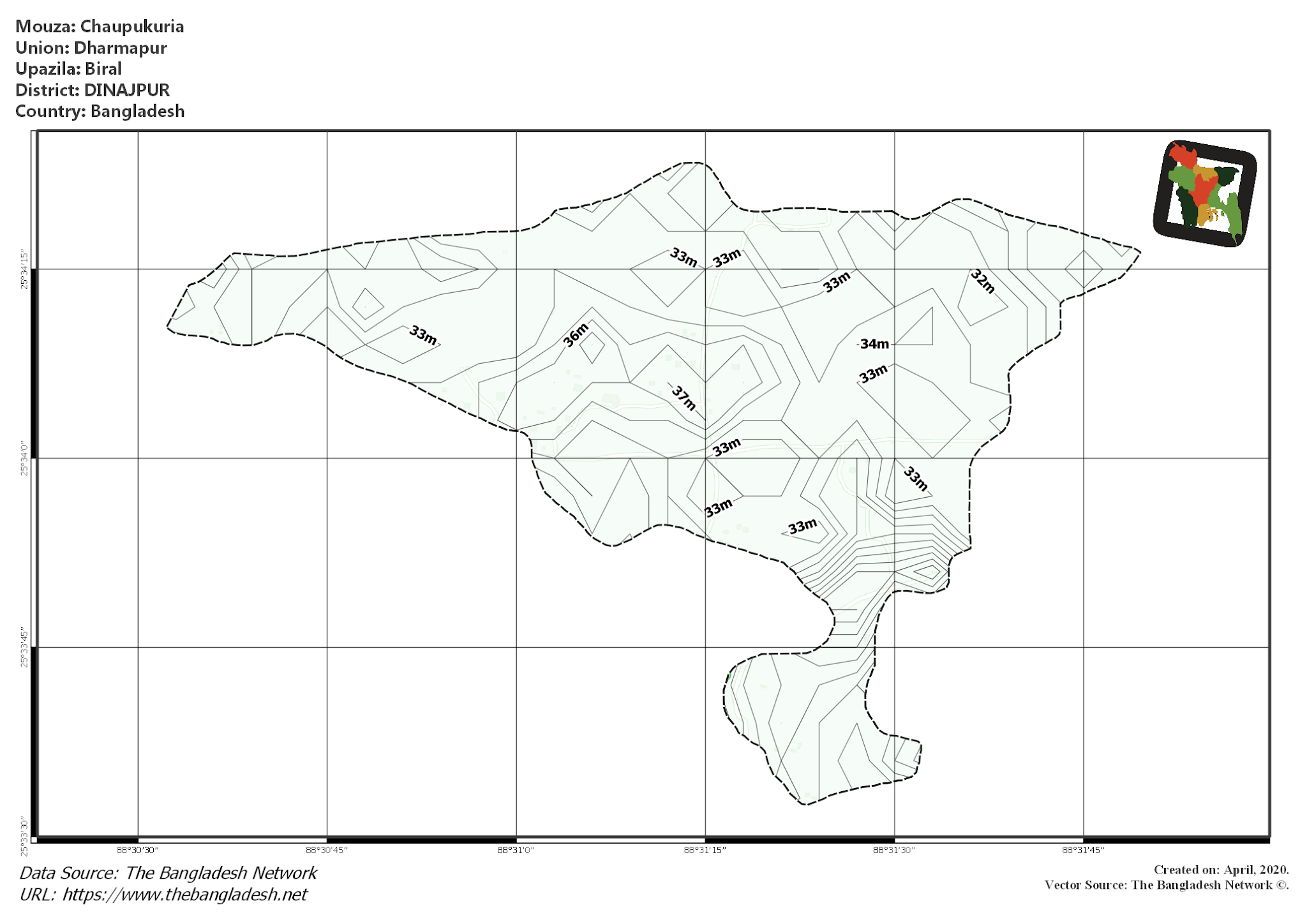 Map of Chaupukuria Mouza of Biral Upazila, DINAJPUR, Bangladesh.
