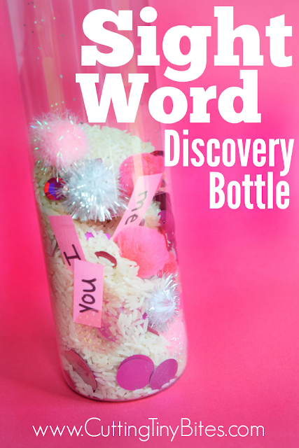 Sight Word Discovery Bottle.  Great activity to encourage children to learn sight words, or modify to learn letters, numbers, shapes, or colors!  Fun game for toddlers, preschoolers, or kindergarteners.
