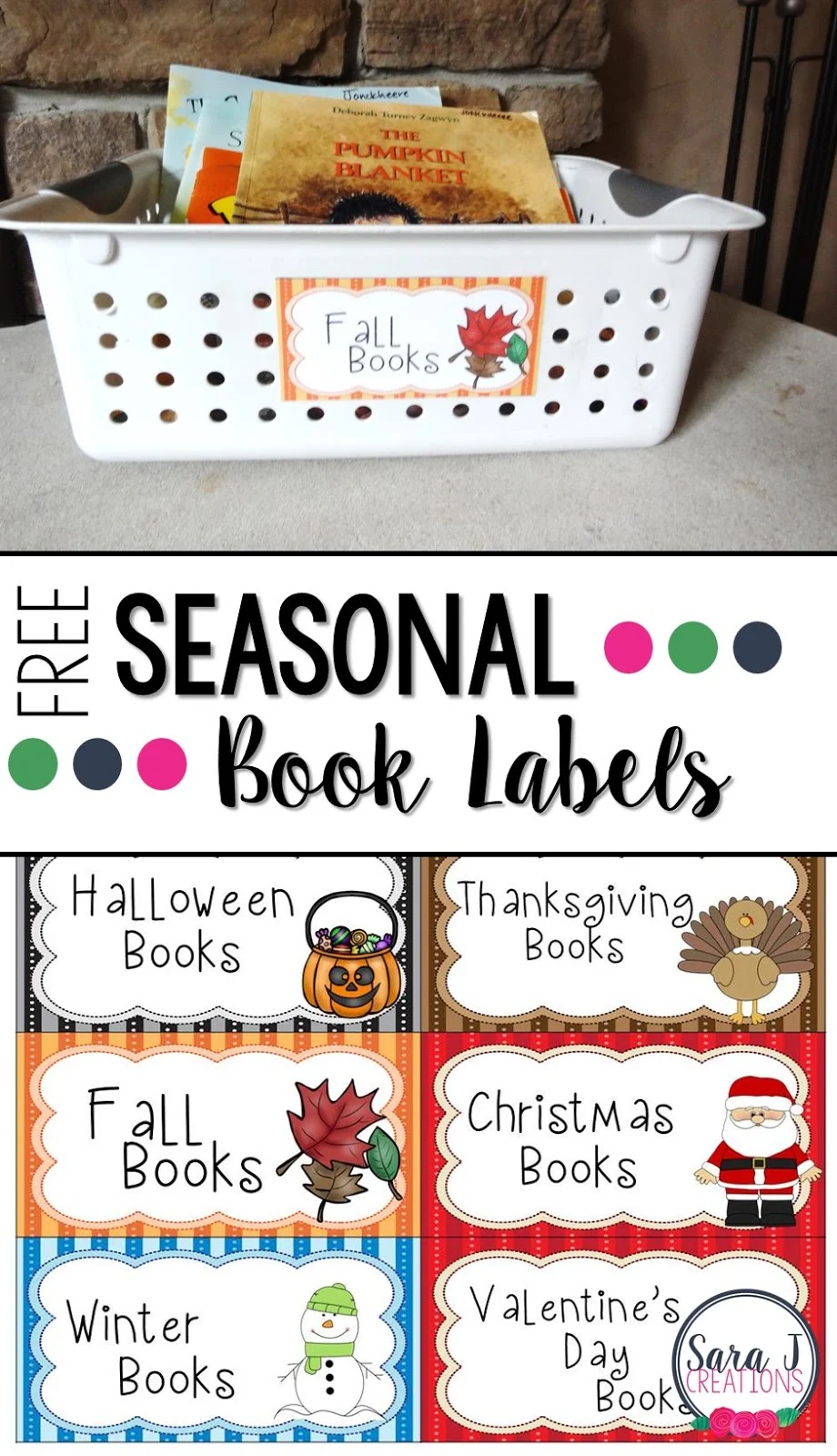 Free printable book labels!  Perfect for the classroom or home to change out books for each season and holiday.