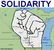 Wisconsin map graphic in the shape of a fist with the word solidarity on it