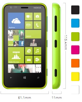 Nokia Lumia 620, dimensiones y colores disponibles