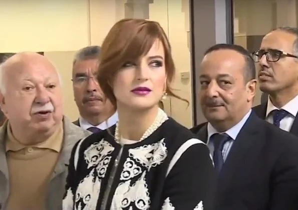 Princess Lalla Salma wore printed blazer from fall winter collection gold drop earrings