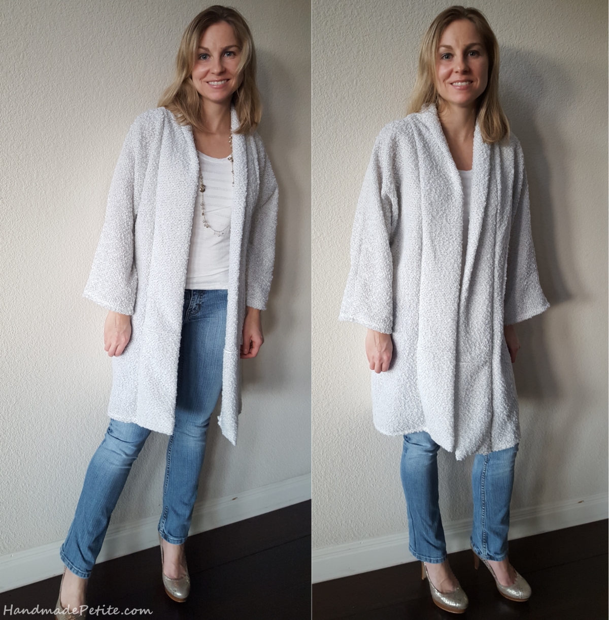 M6802 Cardigan Front by HandmadePetite Sewing McCalls M6802 long sweater in white boucle