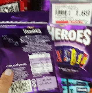 Picture of a packet of Cadbury's heroes showing the weight of chocolate at 92g