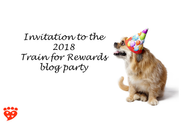 A little dog in a party hat invites pet bloggers to take part in the 2018 #Train4Rewards blog party