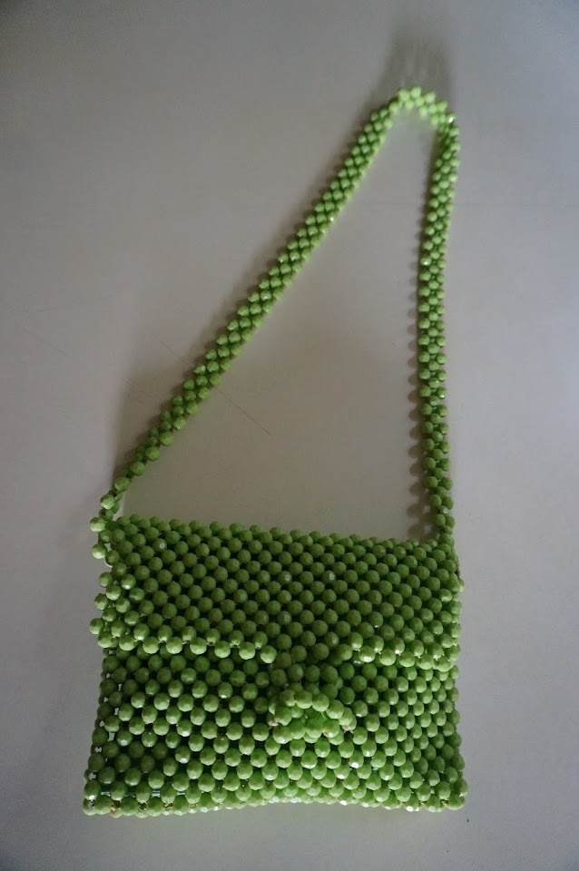 sac en perle  green beaded bag vintage annees 60 70 1960s 1970s 60s 70s